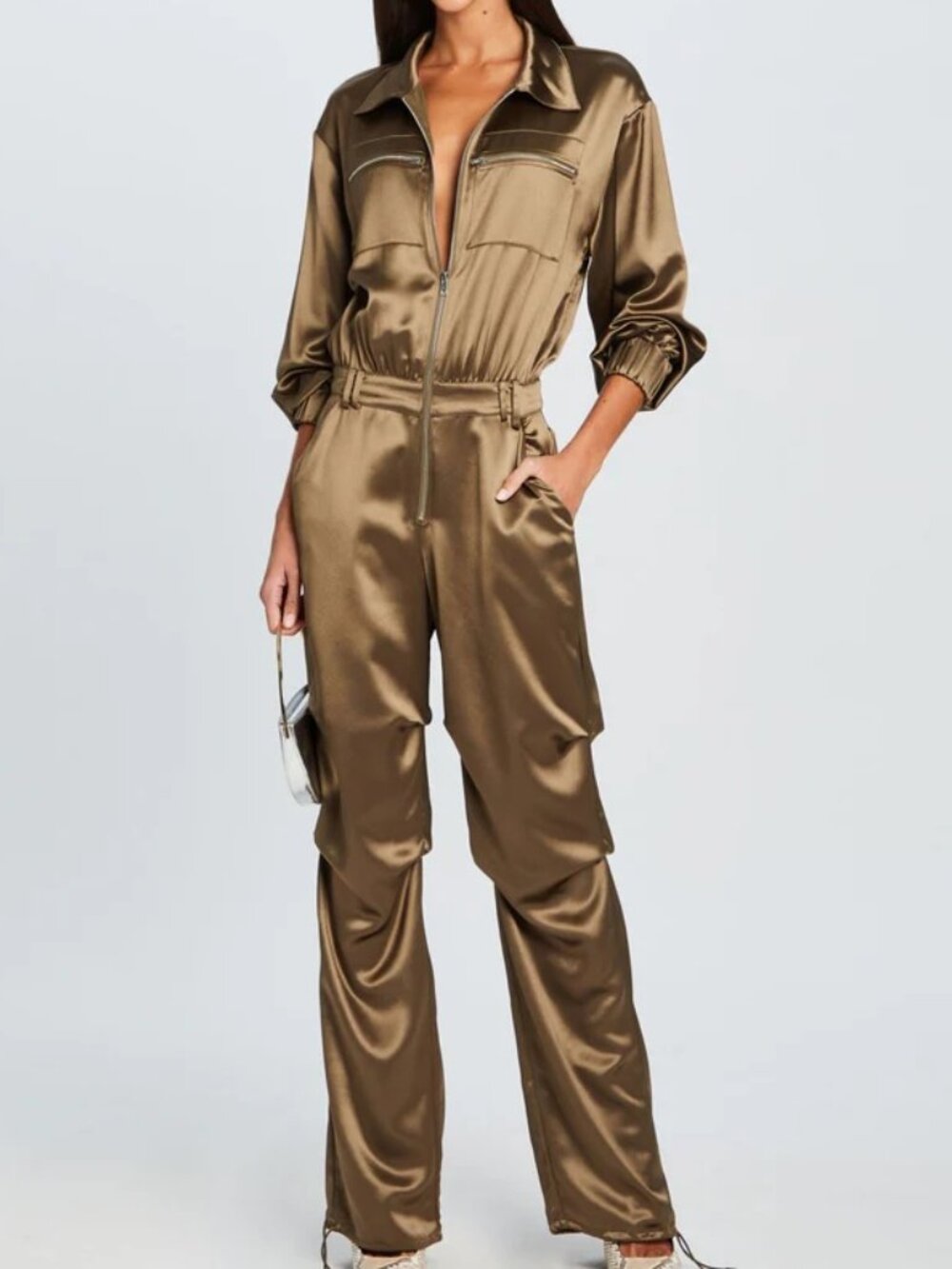 Retrofete Robin Satin Jumpsuit XXS Military Green Jogger Style Boiler Suit Glam
